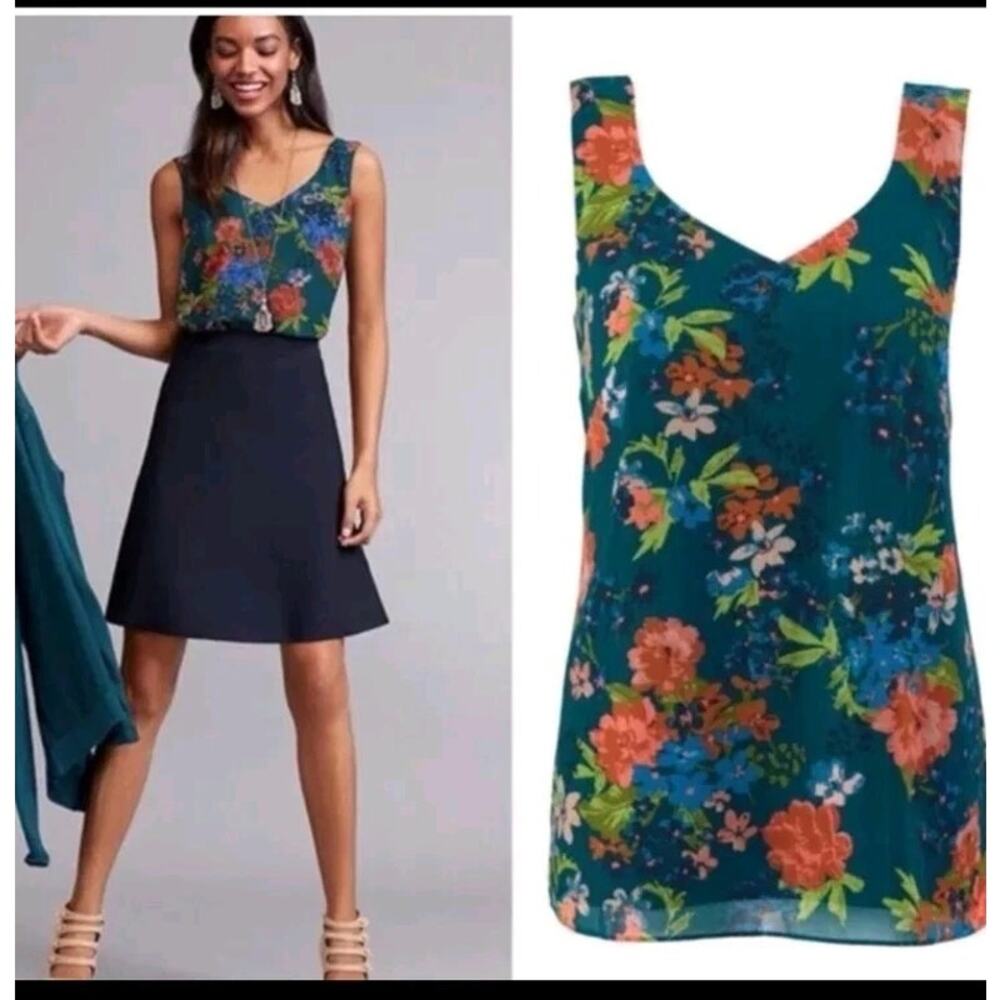 CAbi‎ Teal Blue Floral Still Life Adjustable Wide Strap Lined #3449 Tank Women M